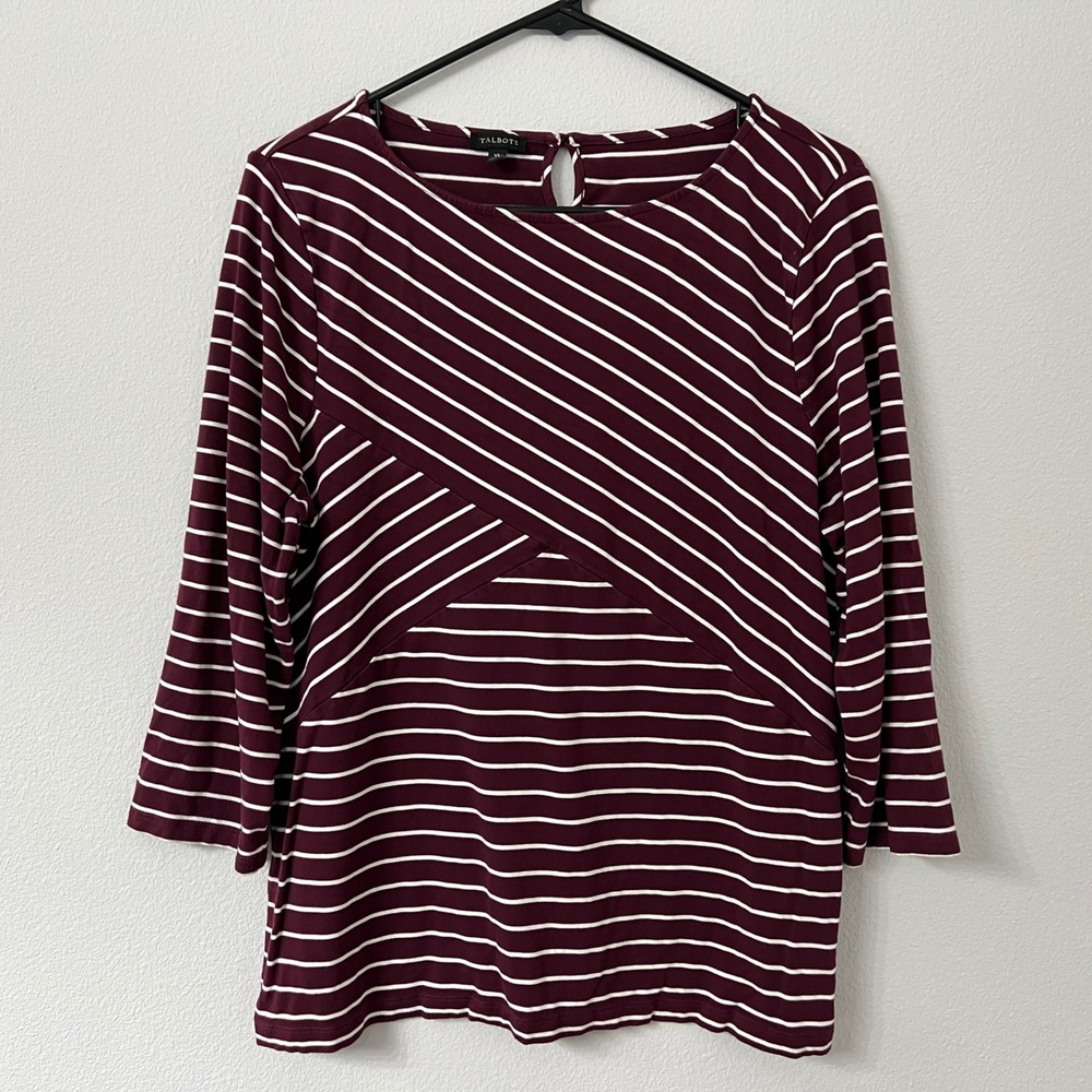 Talbots Striped Top Womens XL Burgundy White 3/4 Sleeve Rayon Blend Blouse